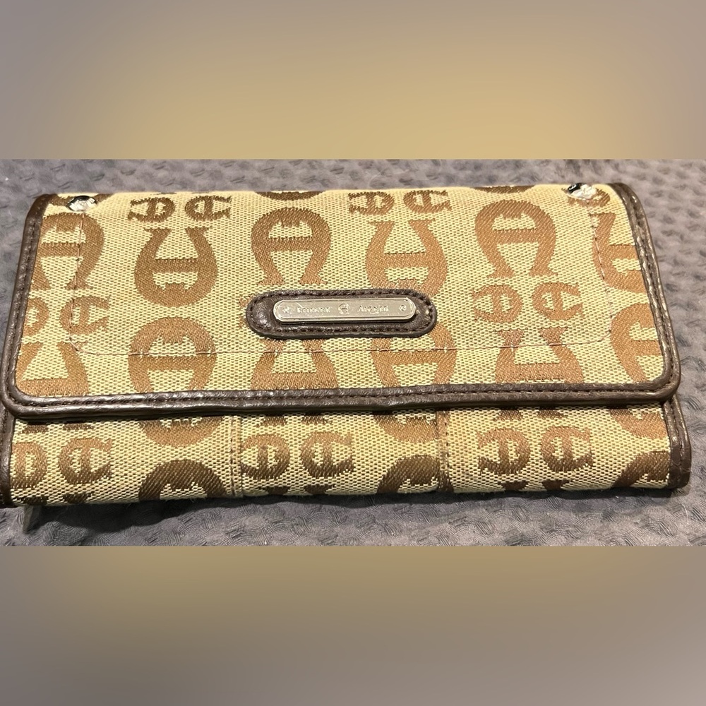 Etiennne Aigner Trifold Wallet Logo Jaquard Fabric Brown Leather Trim Checkbook